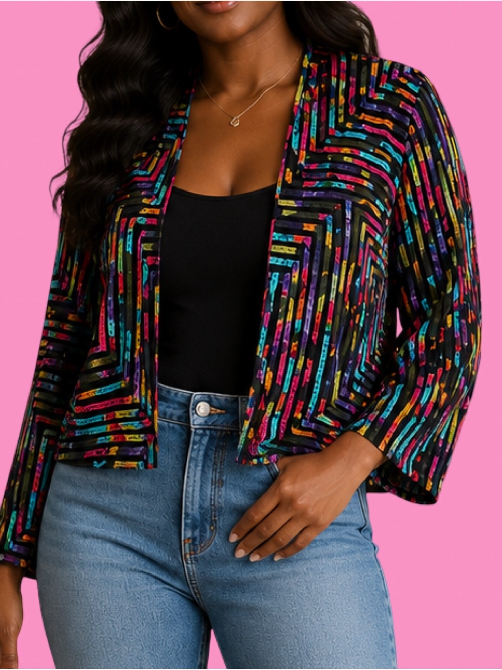Chico's Black Multicolor Striped Open-Front Jacket